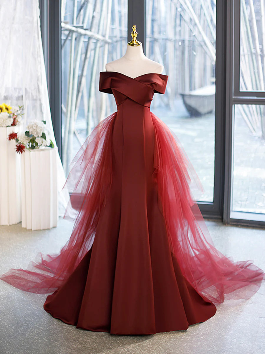 Elegant Mermaid V-Neck Off Shoulder Satin Burgundy Long Prom Dress With Tulle-Cape