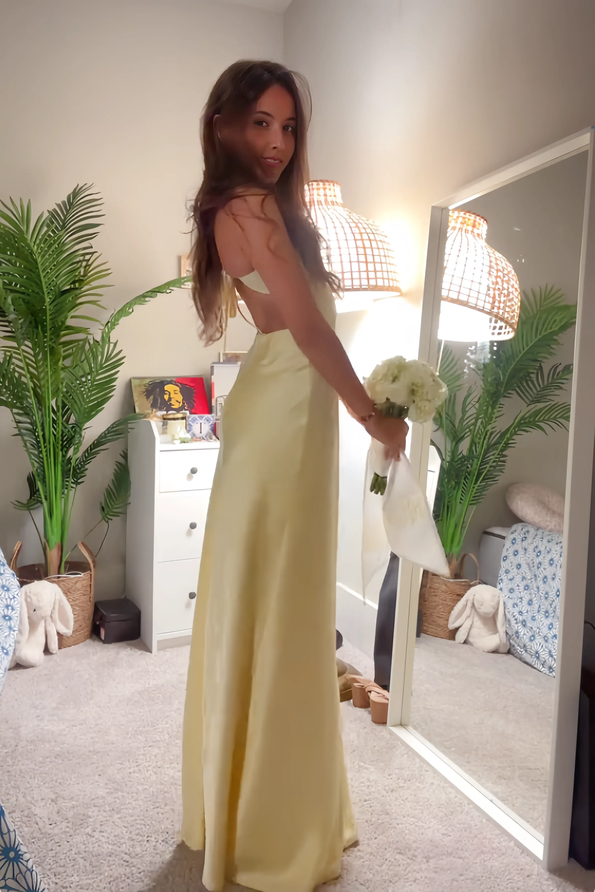Elegant Mermaid V Neck Backless Fitted Satin Yellow Floor Length Prom Dress