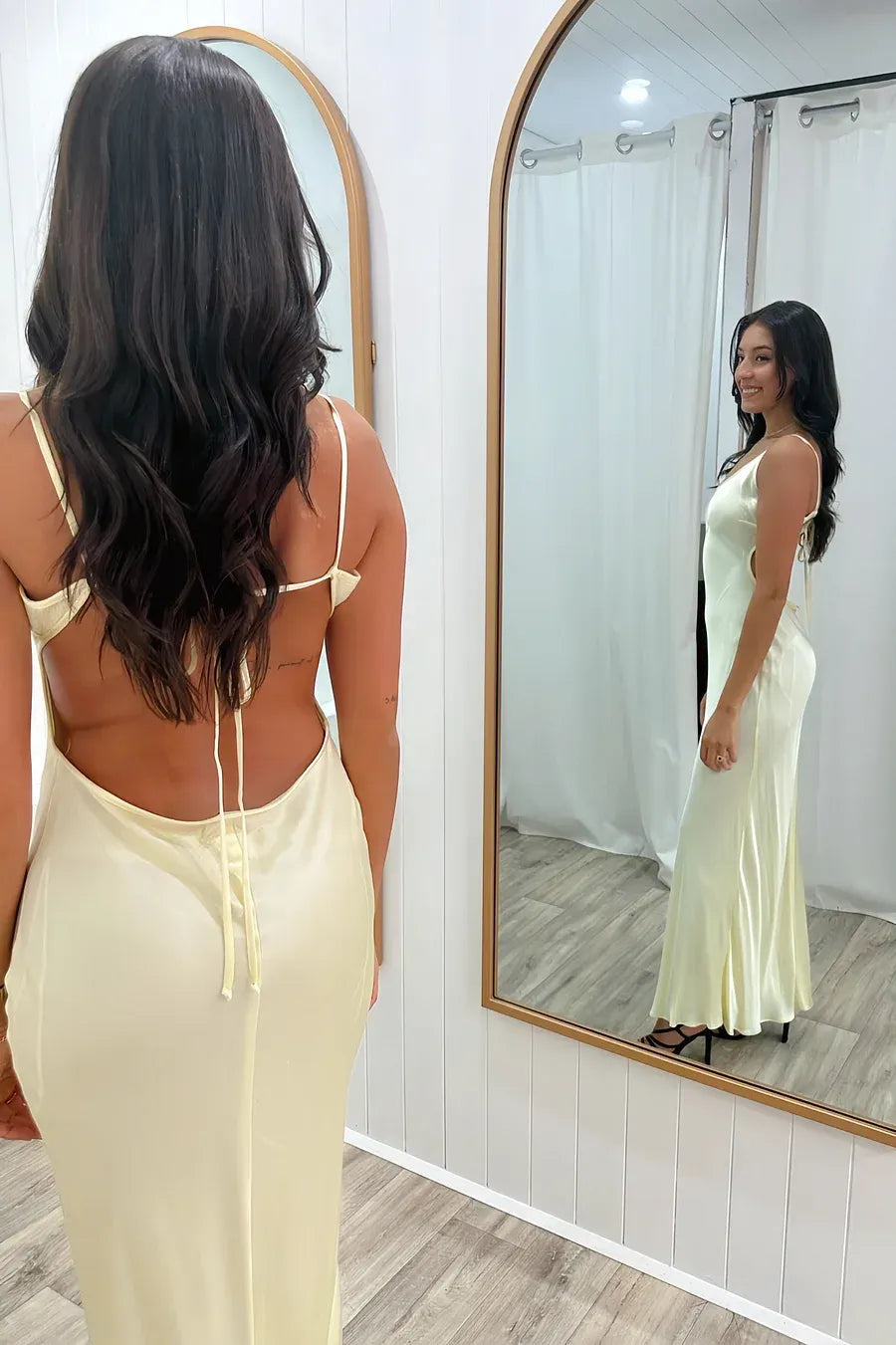 Elegant Mermaid V Neck Backless Fitted Satin Yellow Floor Length Prom Dress
