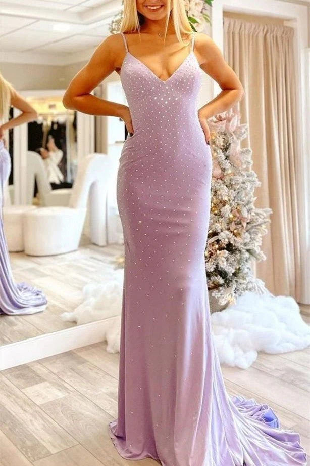Elegant Mermaid V Neck Beaded Tie Back Sky Blue Long Evening Dress