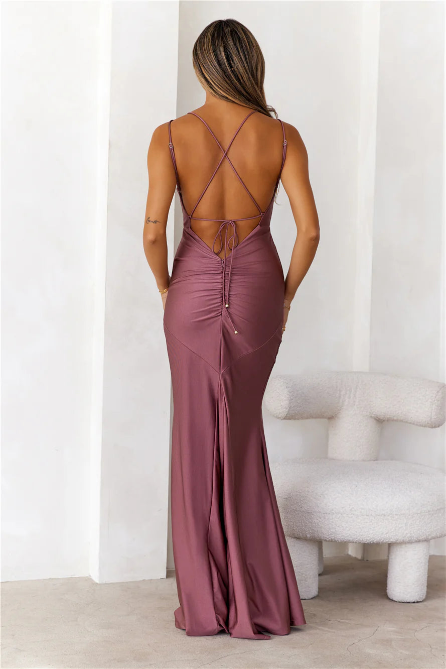 Elegant Mermaid V Neck Double Straps Mauve Floor Length Prom Dress With Slit