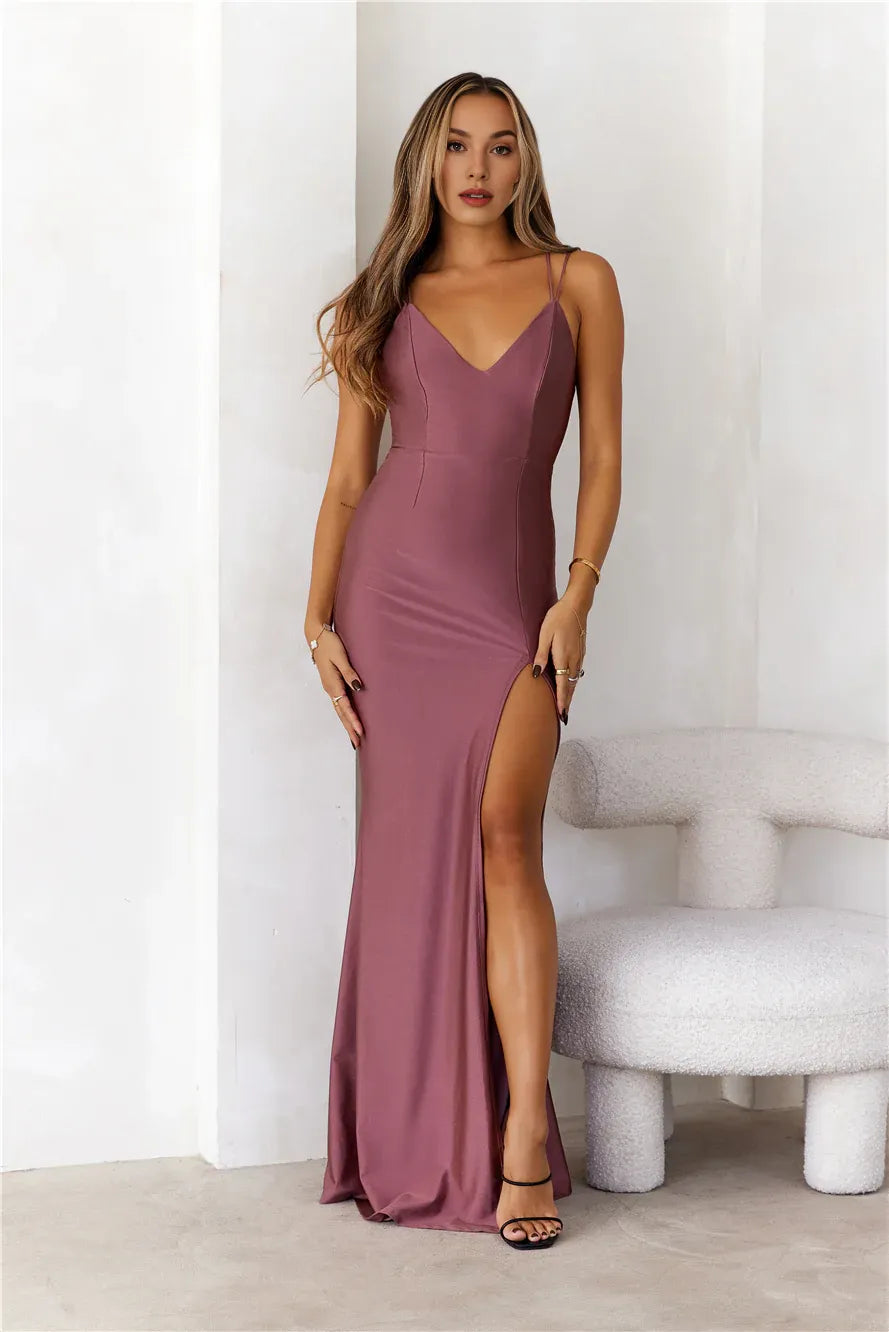 Elegant Mermaid V Neck Double Straps Mauve Floor Length Prom Dress With Slit