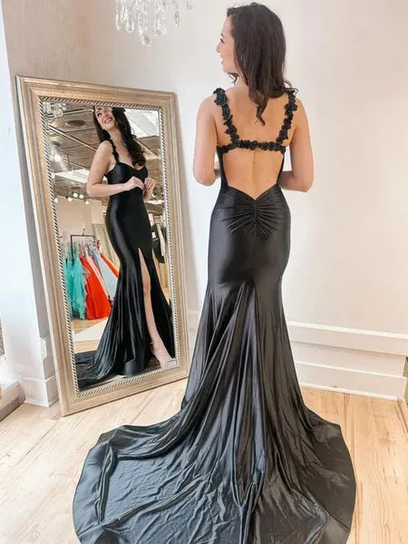 Elegant Mermaid V Neck Open Back Satin Black Prom Dress With Train