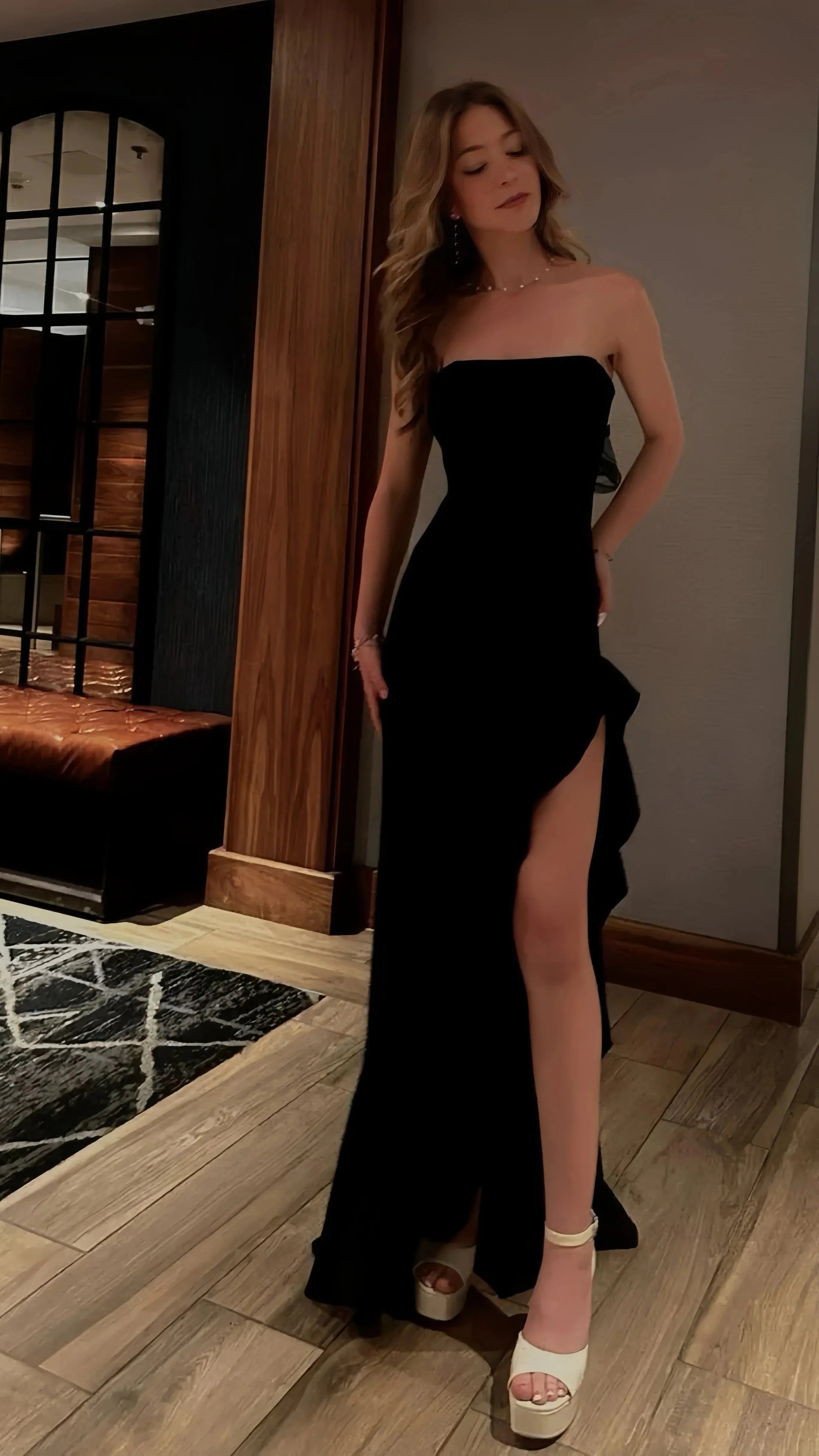 Elegant Mermaid Strapless Ruffle Slit Black Floor Length Prom Dress With Tie