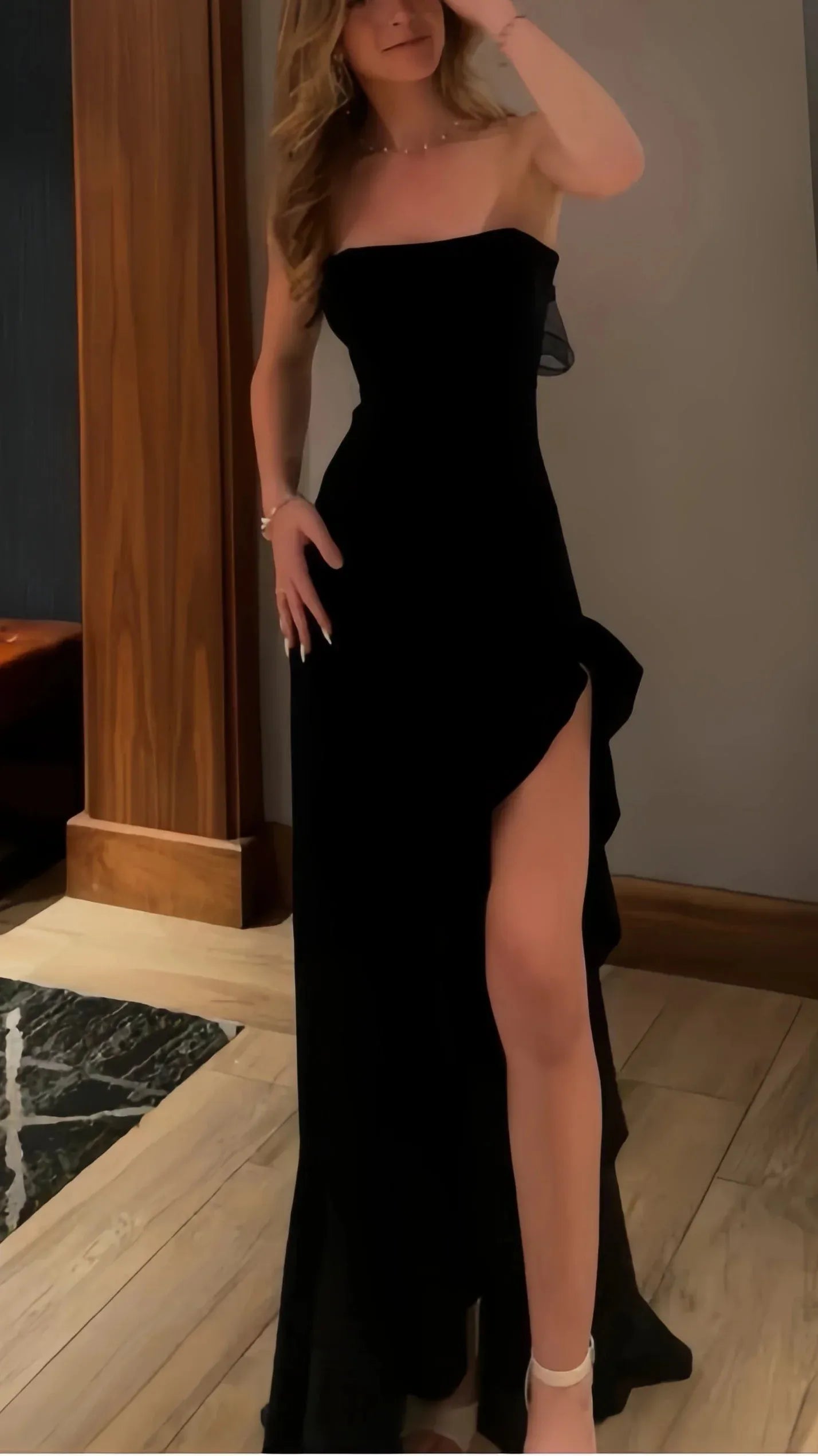 Elegant Mermaid Strapless Ruffle Slit Black Floor Length Prom Dress With Tie