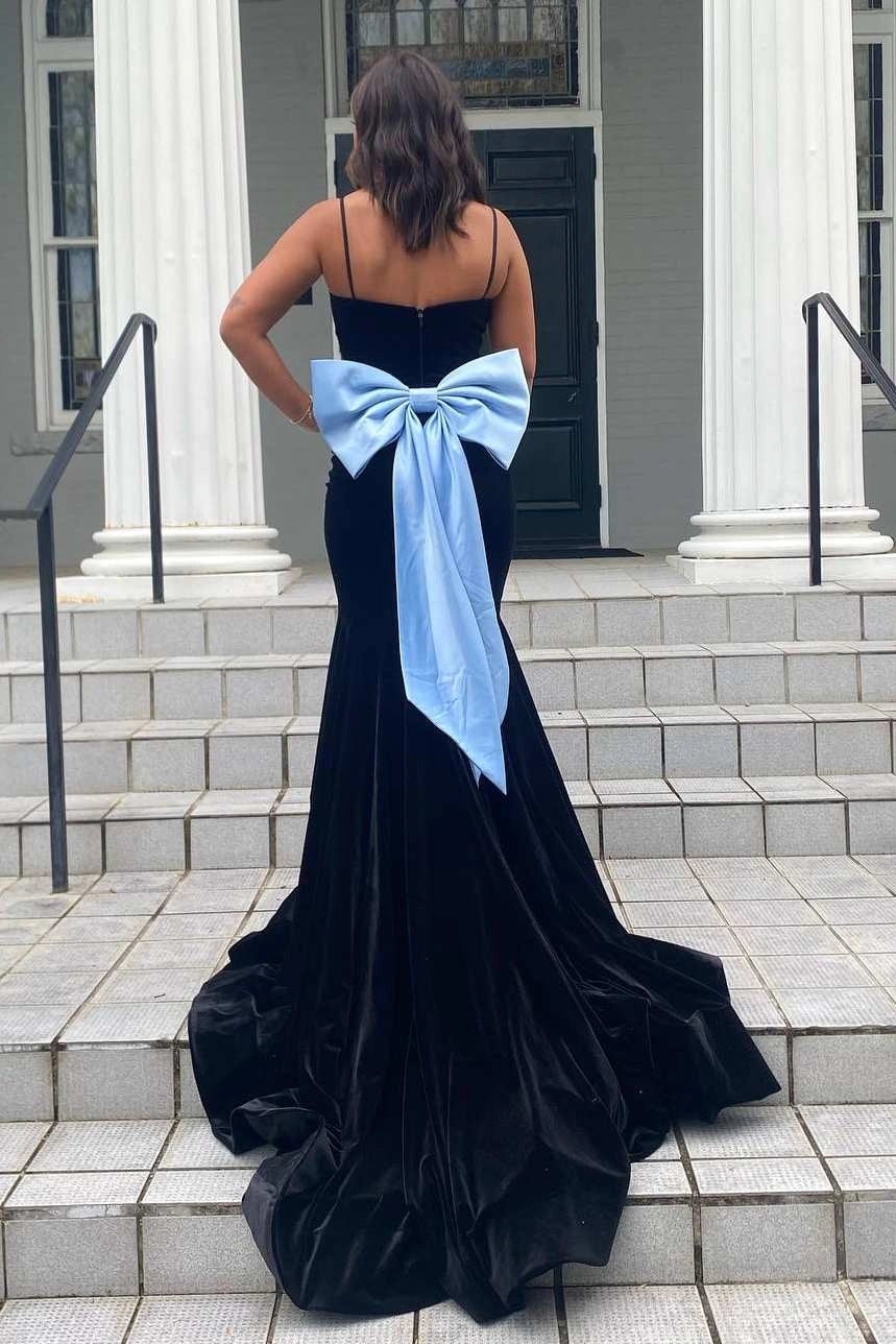 Elegant Mermaid Velvet V-Neck Spaghetti Straps BodyCon Sweep Train Formal Prom Dress With Bow