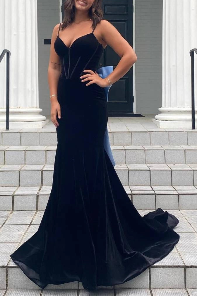 Elegant Mermaid Velvet V-Neck Spaghetti Straps BodyCon Sweep Train Formal Prom Dress With Bow