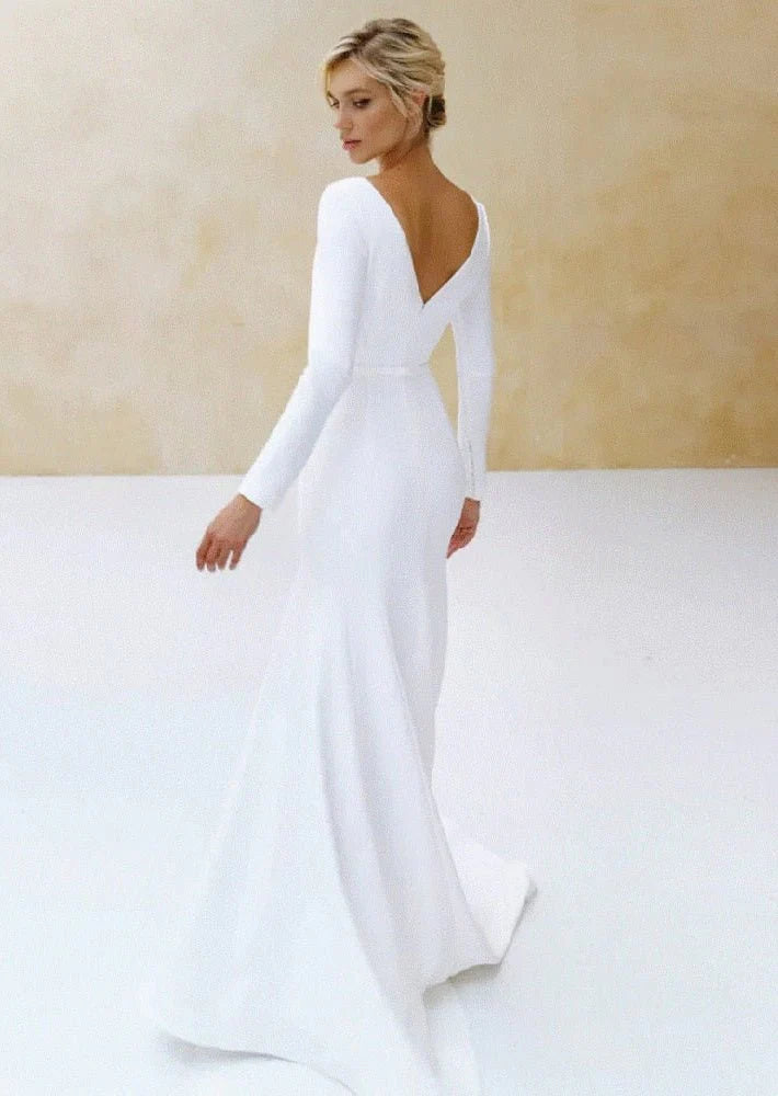 Elegant Mermaid White Satin Scoop Neck Long Sleeves V Back Satin Wedding Dress