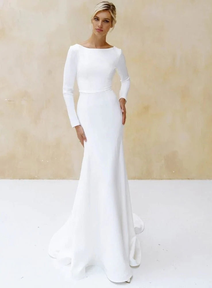 Elegant Mermaid White Satin Scoop Neck Long Sleeves V Back Satin Wedding Dress