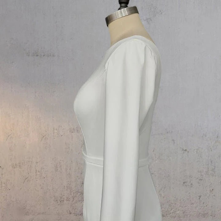 Elegant Mermaid White Satin Scoop Neck Long Sleeves V Back Satin Wedding Dress