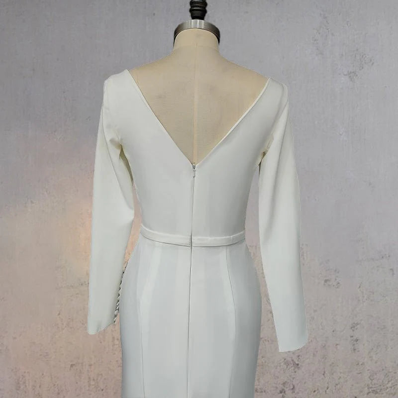 Elegant Mermaid White Satin Scoop Neck Long Sleeves V Back Satin Wedding Dress