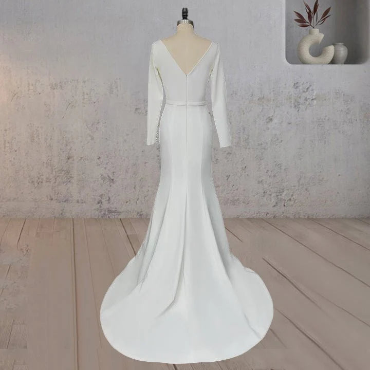 Elegant Mermaid White Satin Scoop Neck Long Sleeves V Back Satin Wedding Dress