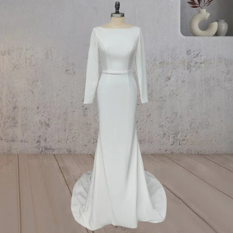 Elegant Mermaid White Satin Scoop Neck Long Sleeves V Back Satin Wedding Dress