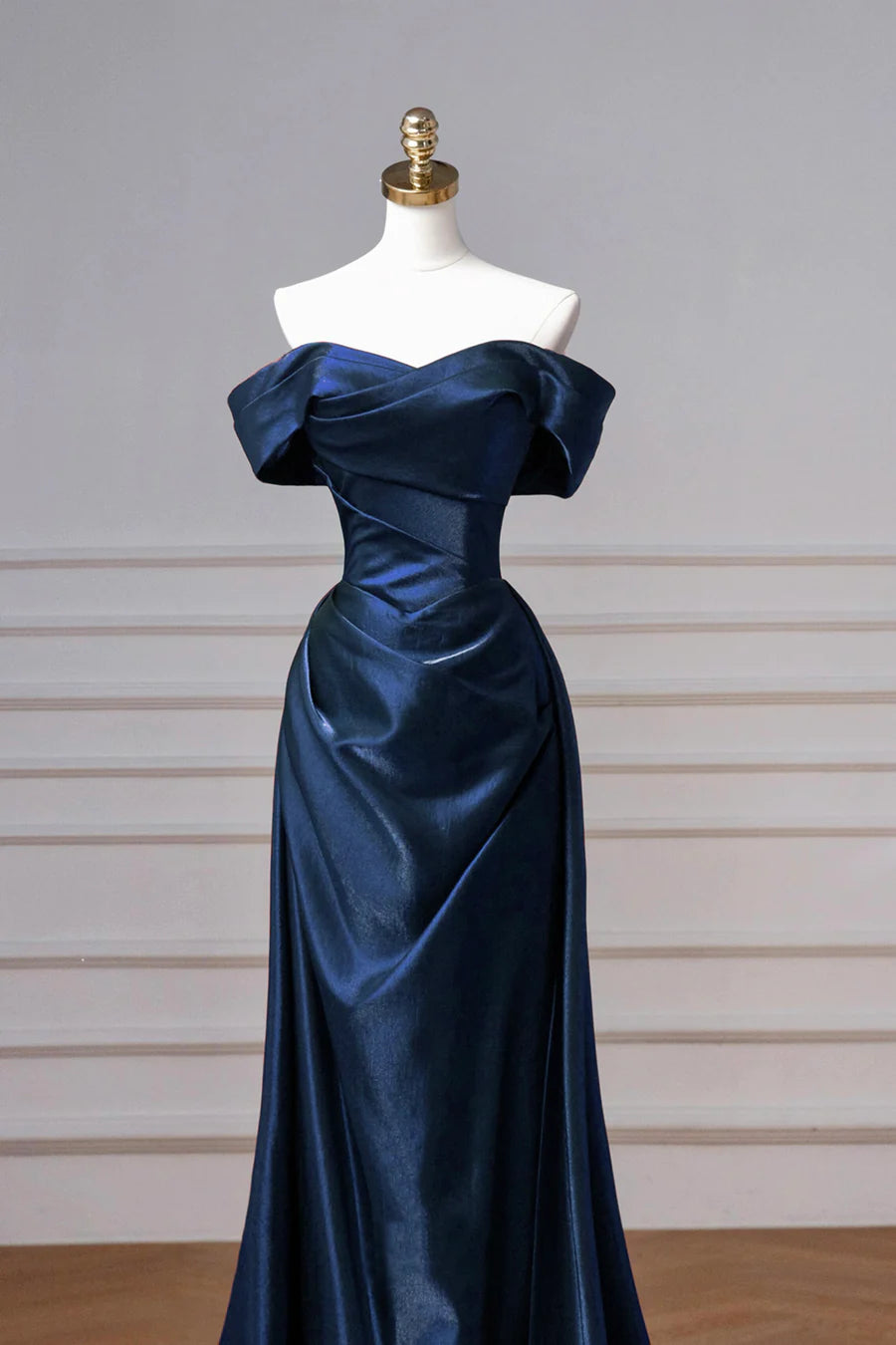 Elegant Navy Satin Off The Shoulder A-line Long Prom Dress Party Dress