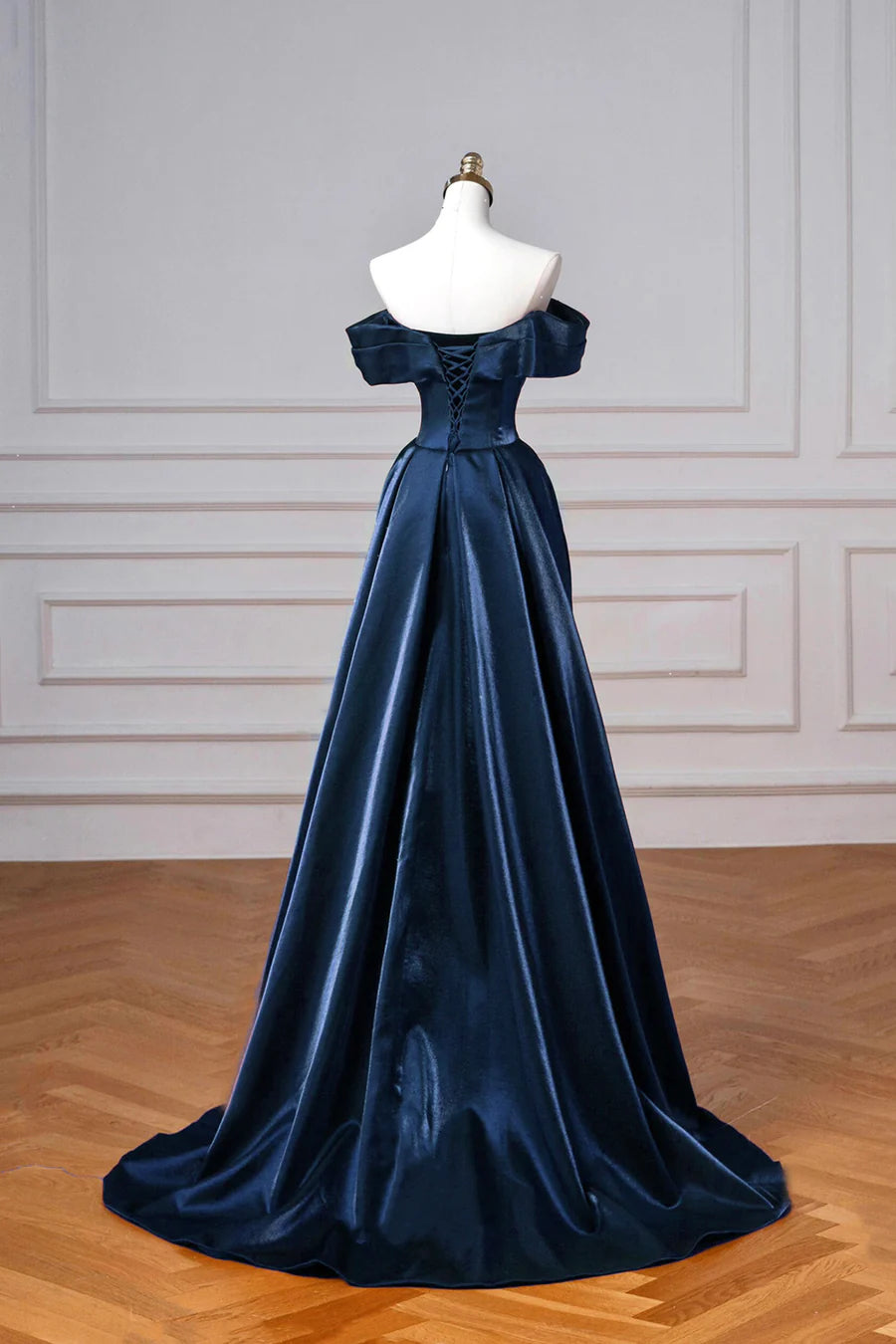 Elegant Navy Satin Off The Shoulder A-line Long Prom Dress Party Dress