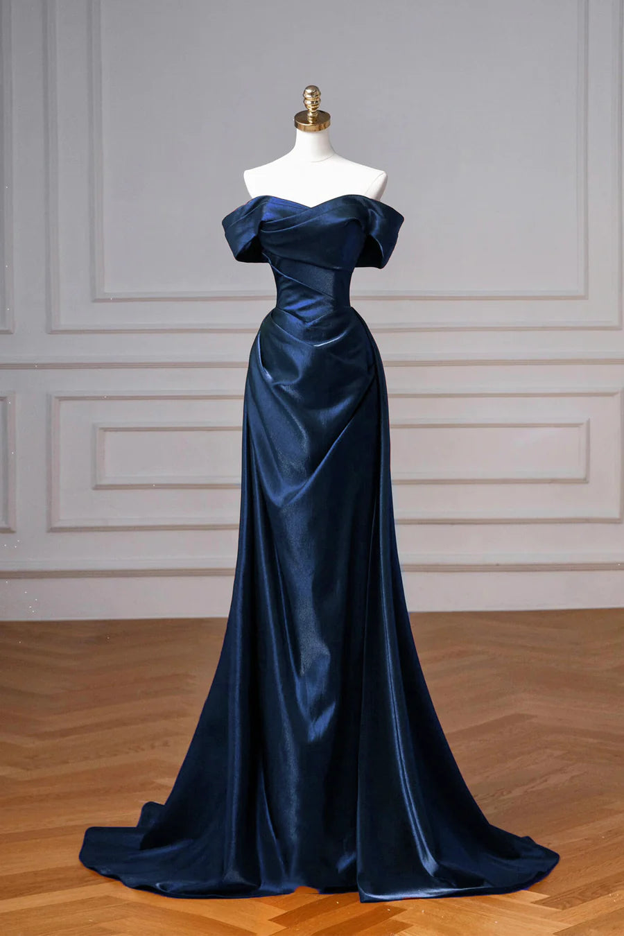 Elegant Navy Satin Off The Shoulder A-line Long Prom Dress Party Dress