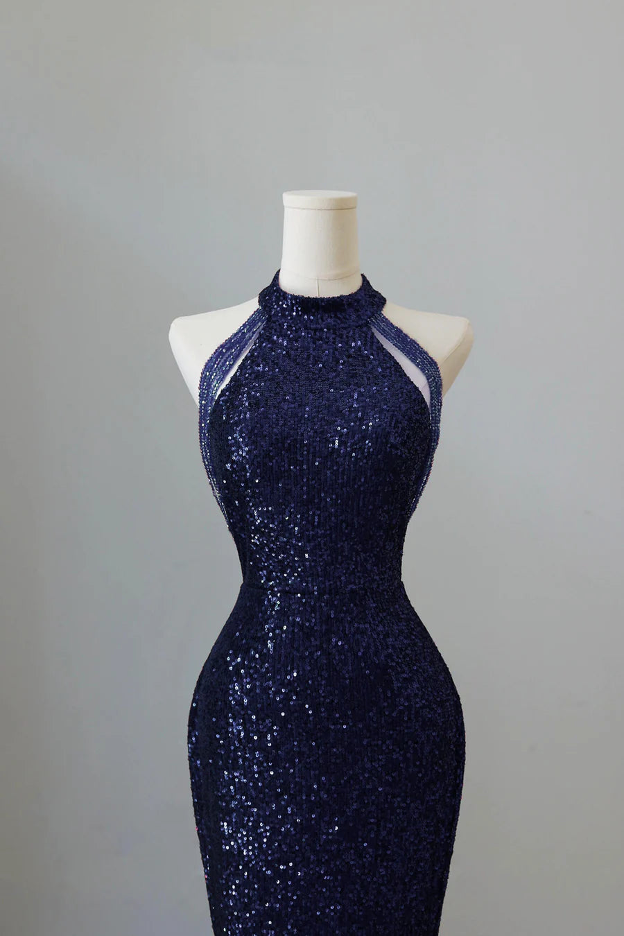 Elegant Navy Sequins Mermaid Halter Long Prom Dress Evening Party Dress