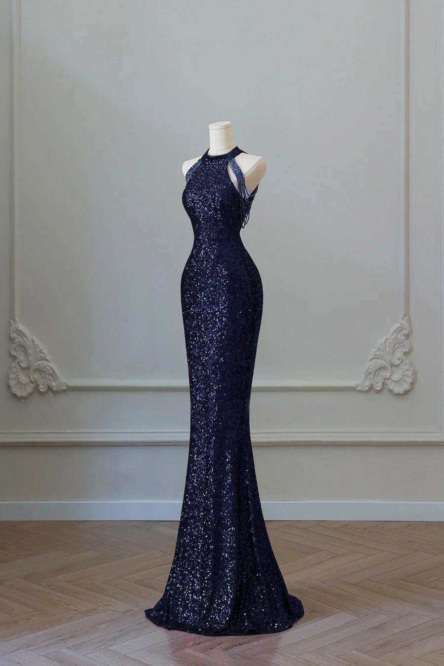 Elegant Navy Sequins Mermaid Halter Long Prom Dress Evening Party Dress