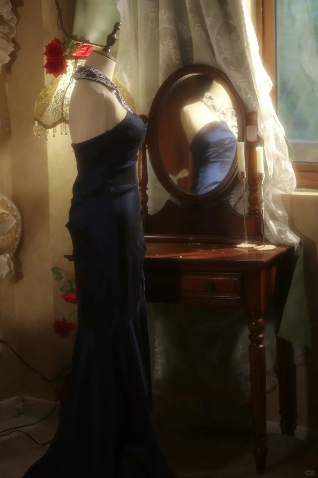 Elegant Noble Navy Blue Satin Halter Beaded Mermaid Floor Length Prom Dress Discount Long Evening Dresses