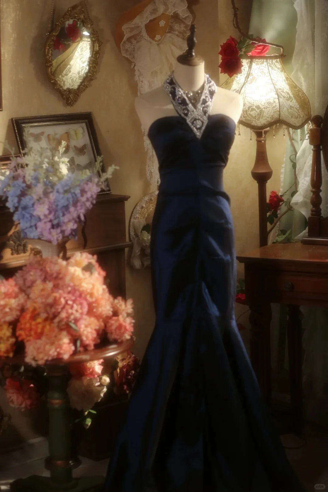 Elegant Noble Navy Blue Satin Halter Beaded Mermaid Floor Length Prom Dress Discount Long Evening Dresses