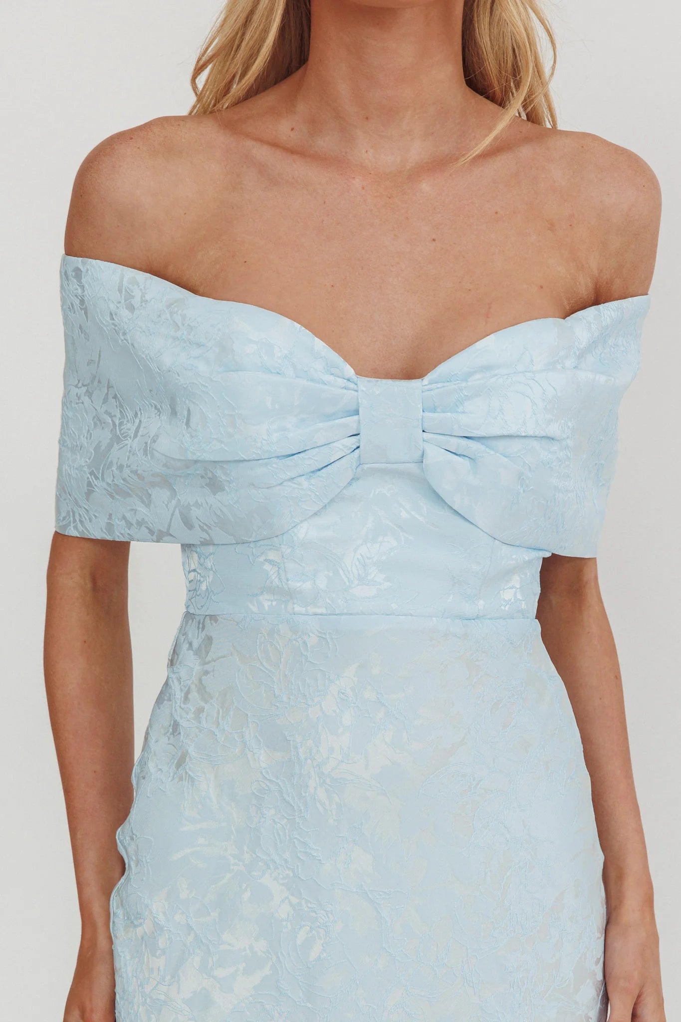 Elegant Off-Shoulder Bow Jacquard Blue Maxi Evening Dress For Women