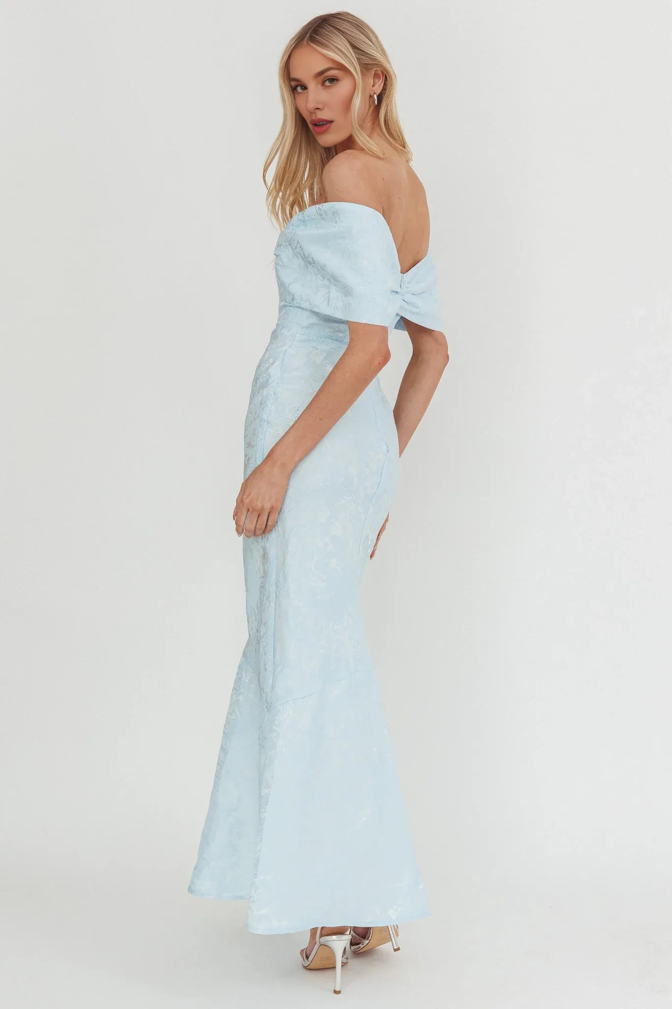 Elegant Off-Shoulder Bow Jacquard Blue Maxi Evening Dress For Women