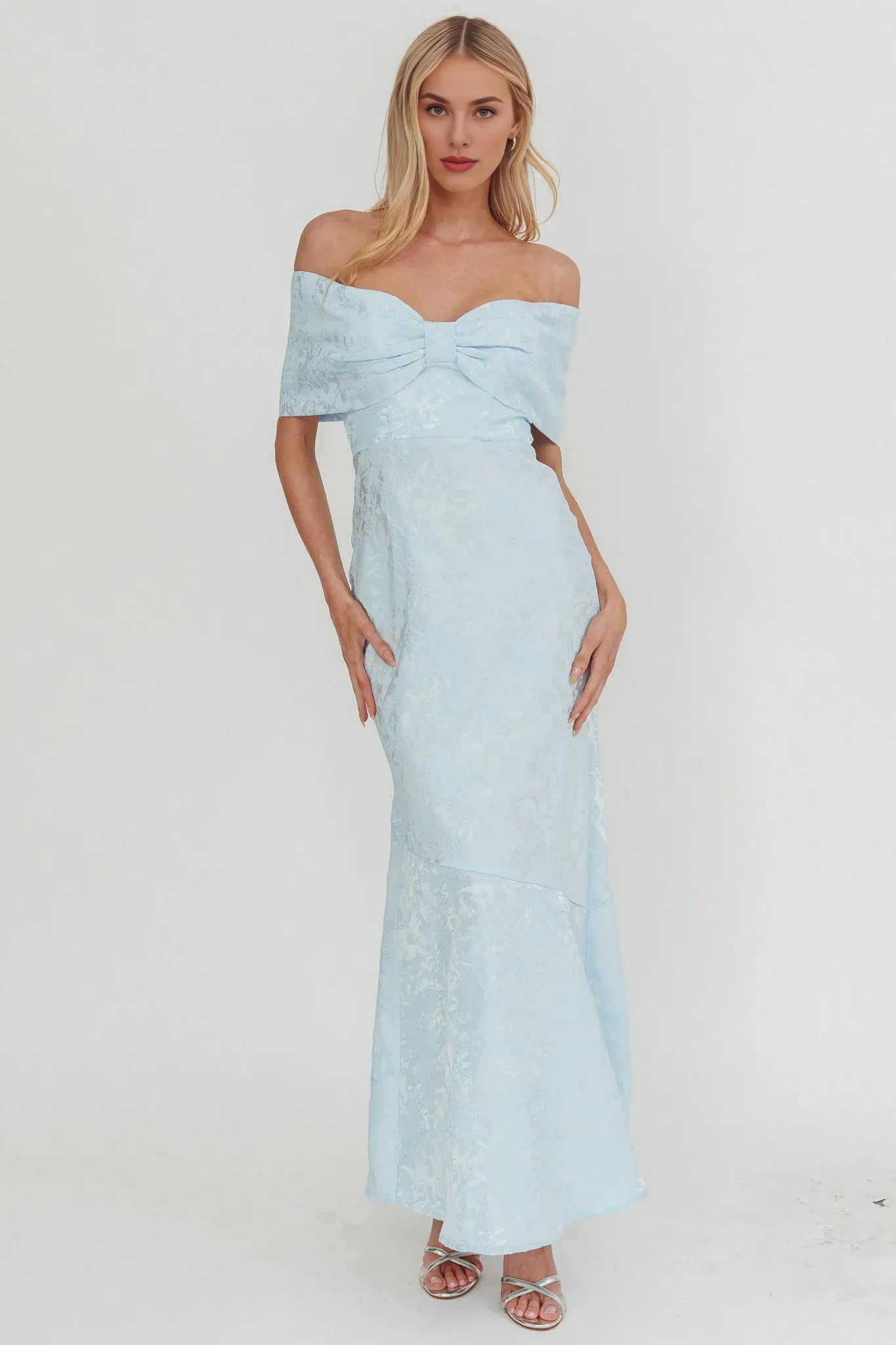 Elegant Off-Shoulder Bow Jacquard Blue Maxi Evening Dress For Women