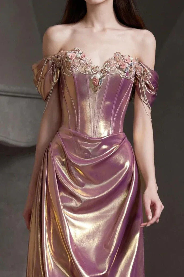 Elegant Sheath Off-Shoulder Corset Beaded Appliques Purple Floor-Length Prom Dress For Sale