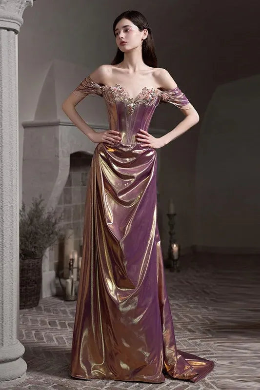 Elegant Sheath Off-Shoulder Corset Beaded Appliques Purple Floor-Length Prom Dress For Sale