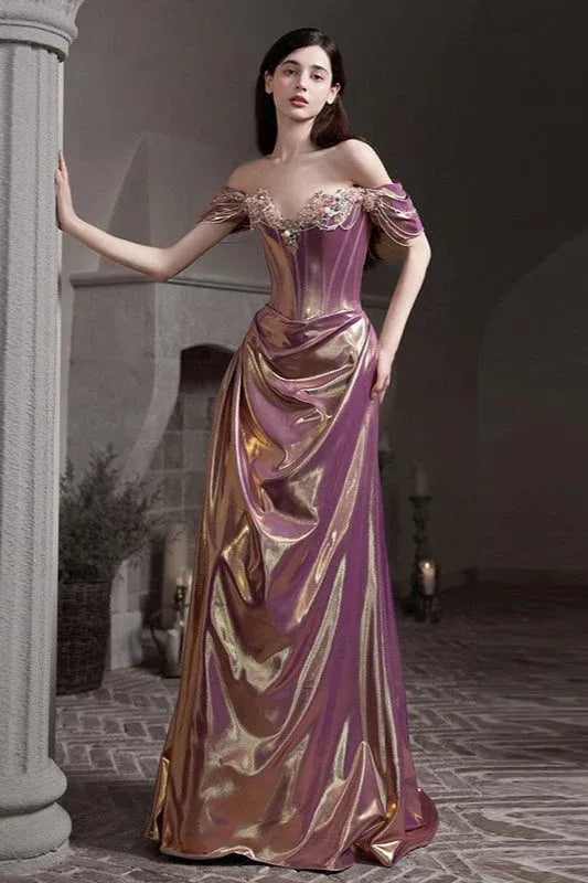 Elegant Sheath Off-Shoulder Corset Beaded Appliques Purple Floor-Length Prom Dress For Sale