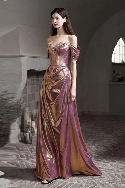 Elegant Sheath Off-Shoulder Corset Beaded Appliques Purple Floor-Length Prom Dress For Sale