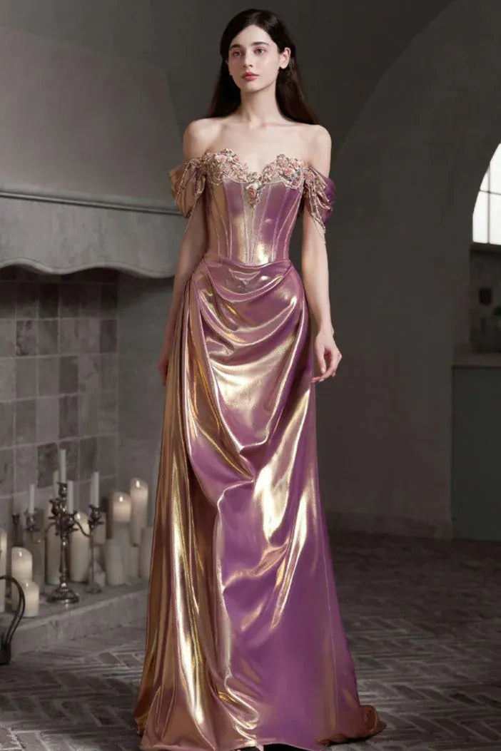 Elegant Sheath Off-Shoulder Corset Beaded Appliques Purple Floor-Length Prom Dress For Sale
