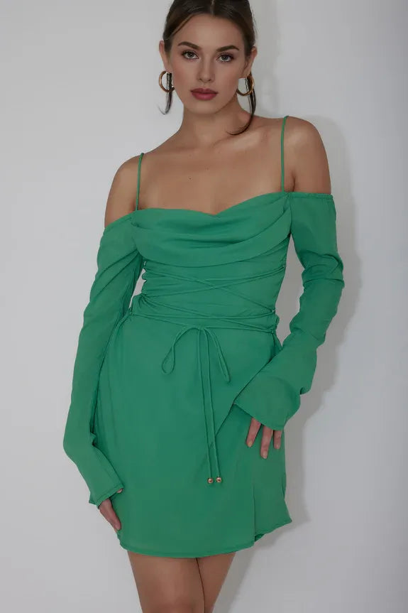 Elegant Off-Shoulder Long Sleeves Lace Up Jade Mini Homecoming Dress