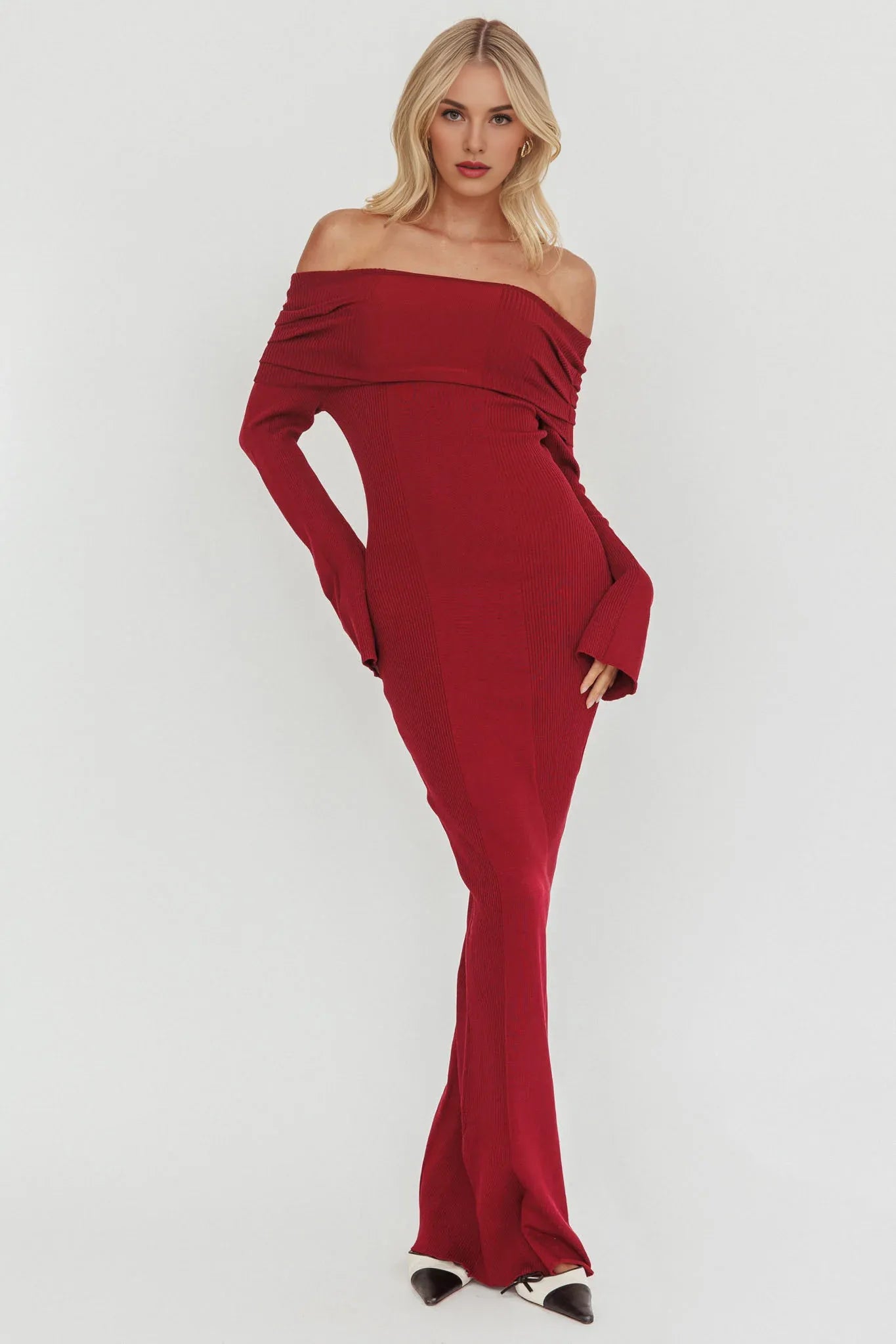 Elegant Off-Shoulder Long Sleeves Ribbed Knit Wine Maxi Evening Dress