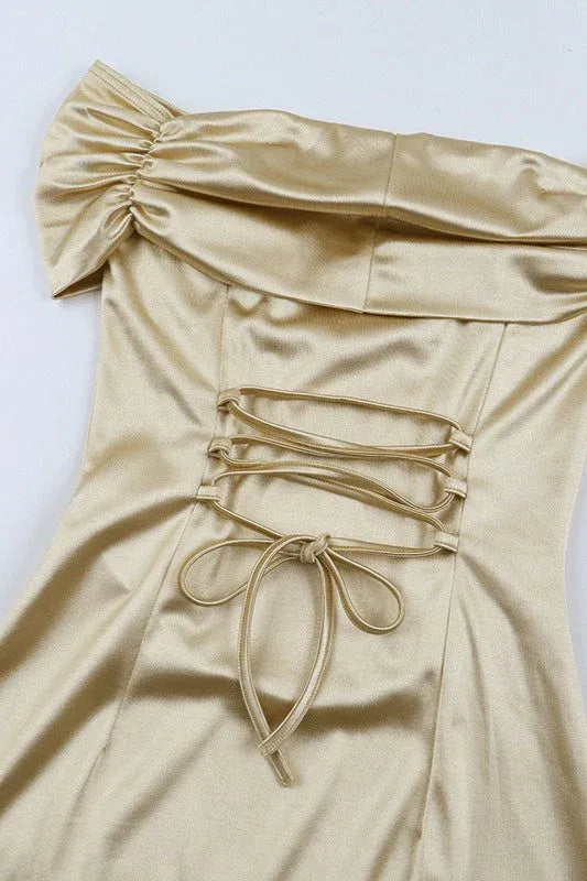 Elegant Off-Shoulder Ruched Fitted Yellow Floor-Length Prom Dress With Lace Up Back