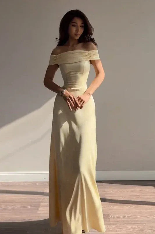 Elegant Off-Shoulder Ruched Fitted Yellow Floor-Length Prom Dress With Lace Up Back