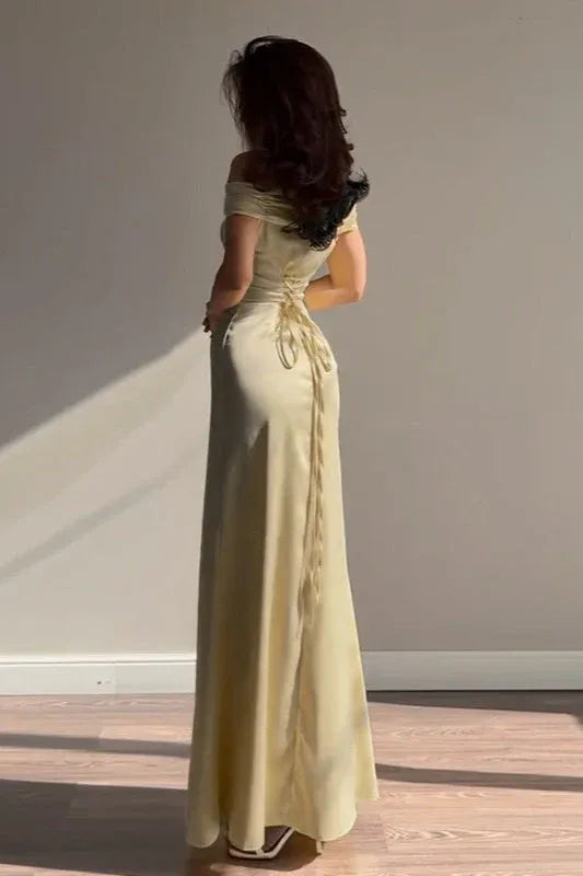 Elegant Off-Shoulder Ruched Fitted Yellow Floor-Length Prom Dress With Lace Up Back
