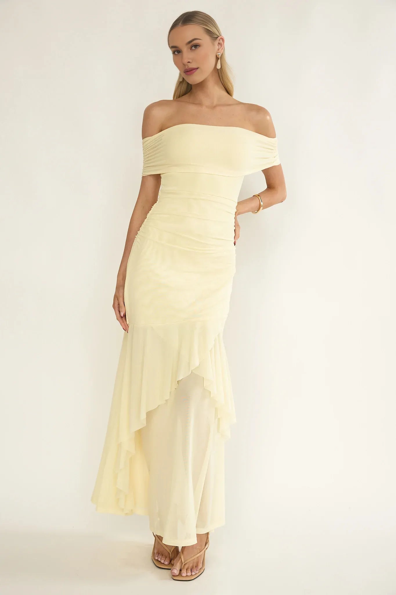 Elegant Off-Shoulder Ruched Mesh Lilac Maxi Evening Dress For Women