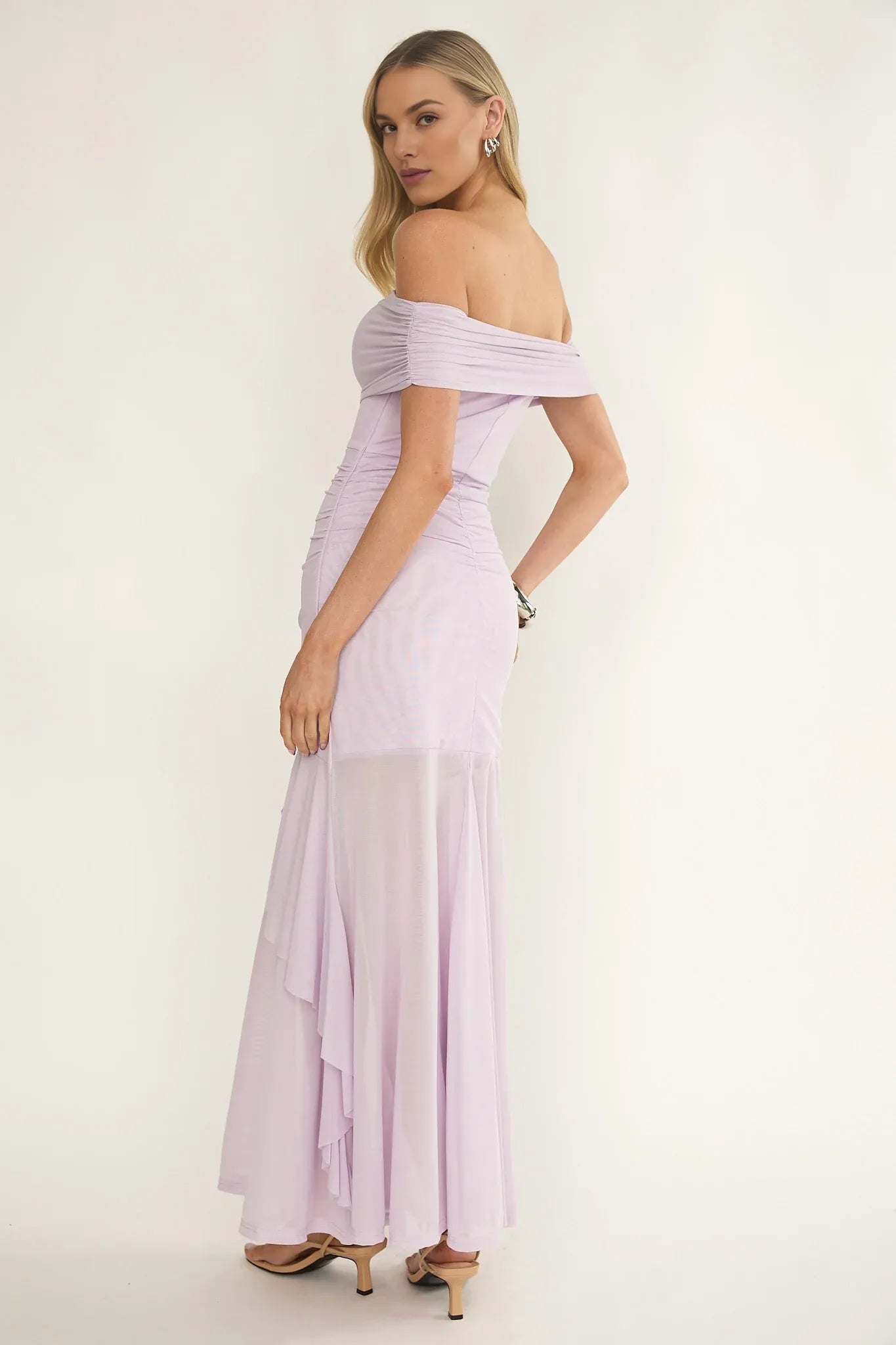 Elegant Off-Shoulder Ruched Mesh Lilac Maxi Evening Dress For Women