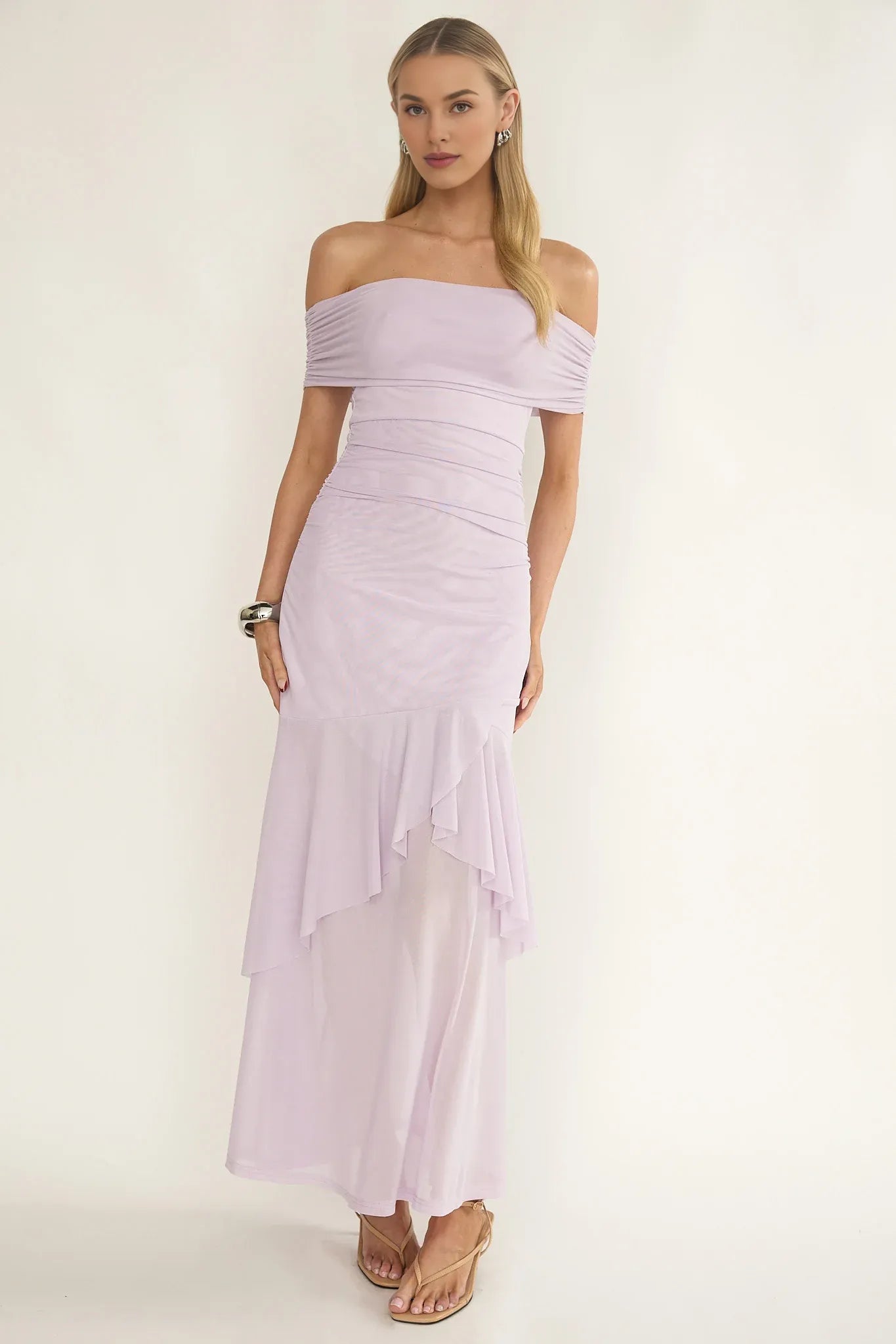 Elegant Off-Shoulder Ruched Mesh Lilac Maxi Evening Dress For Women