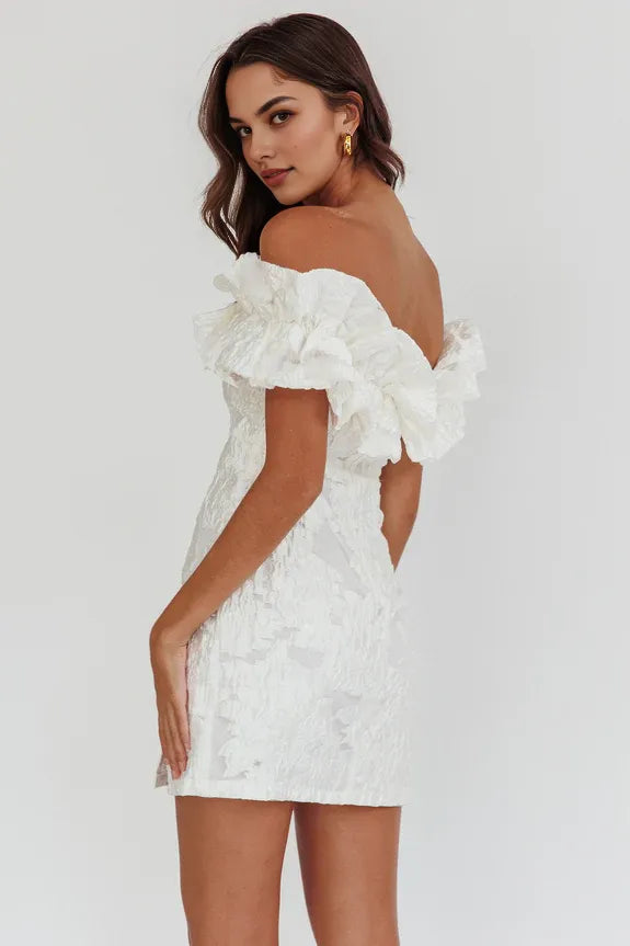 Elegant Off-Shoulder Ruffle Textured White Mini Homecoming Dress With Slit
