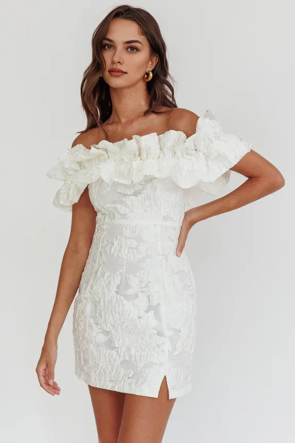 Elegant Off-Shoulder Ruffle Textured White Mini Homecoming Dress With Slit