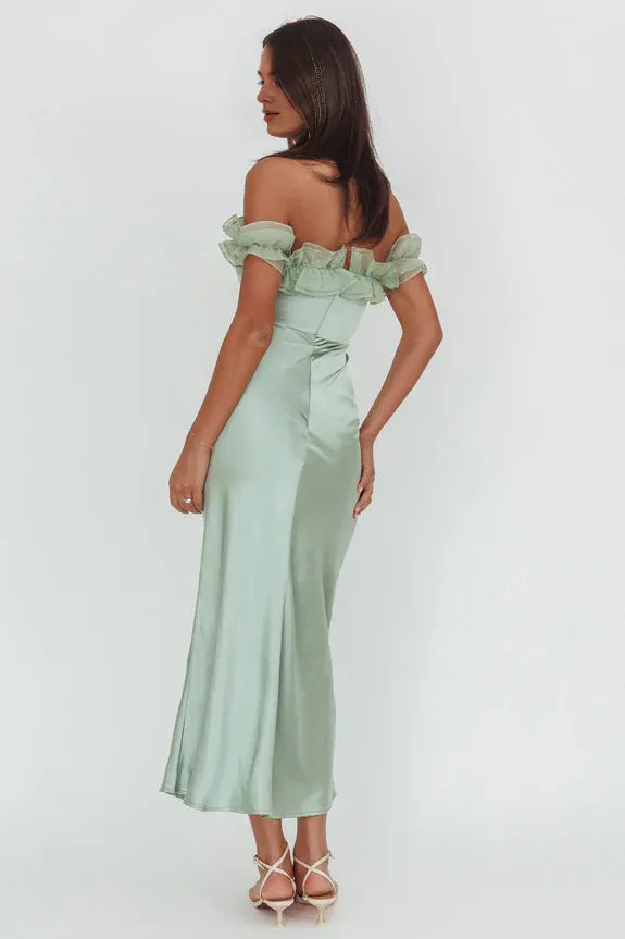 Elegant Off-Shoulder Ruffle Tie Bust Blue Or Pistachio Maxi Evening Dress