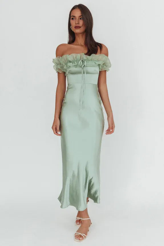 Elegant Off-Shoulder Ruffle Tie Bust Blue Or Pistachio Maxi Evening Dress