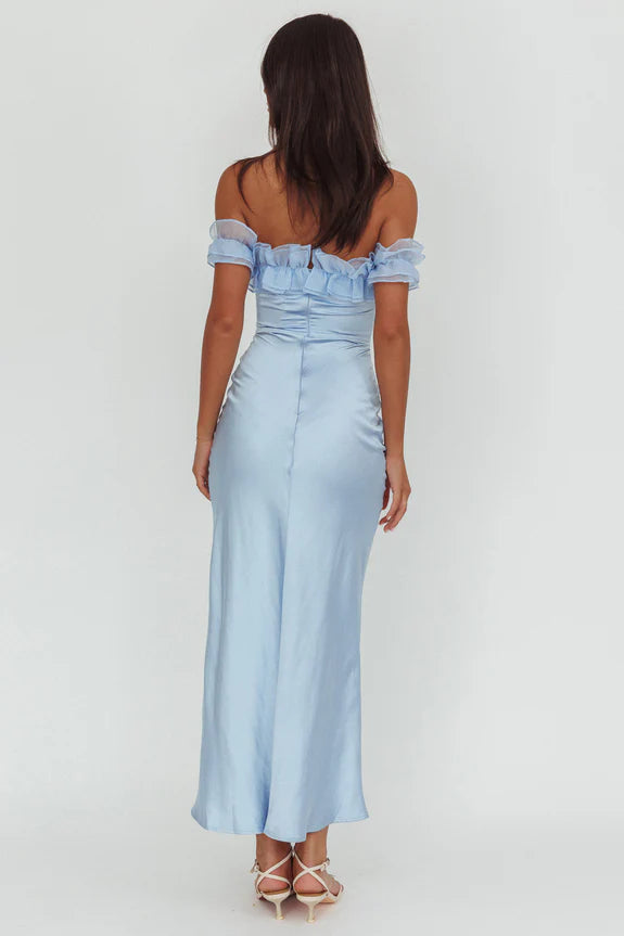 Elegant Off-Shoulder Ruffle Tie Bust Blue Or Pistachio Maxi Evening Dress