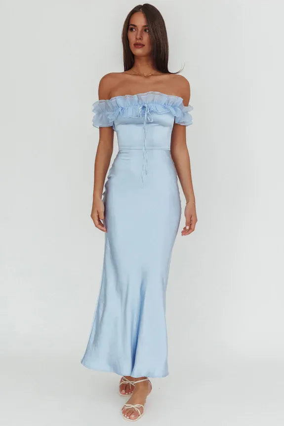 Elegant Off-Shoulder Ruffle Tie Bust Blue Or Pistachio Maxi Evening Dress