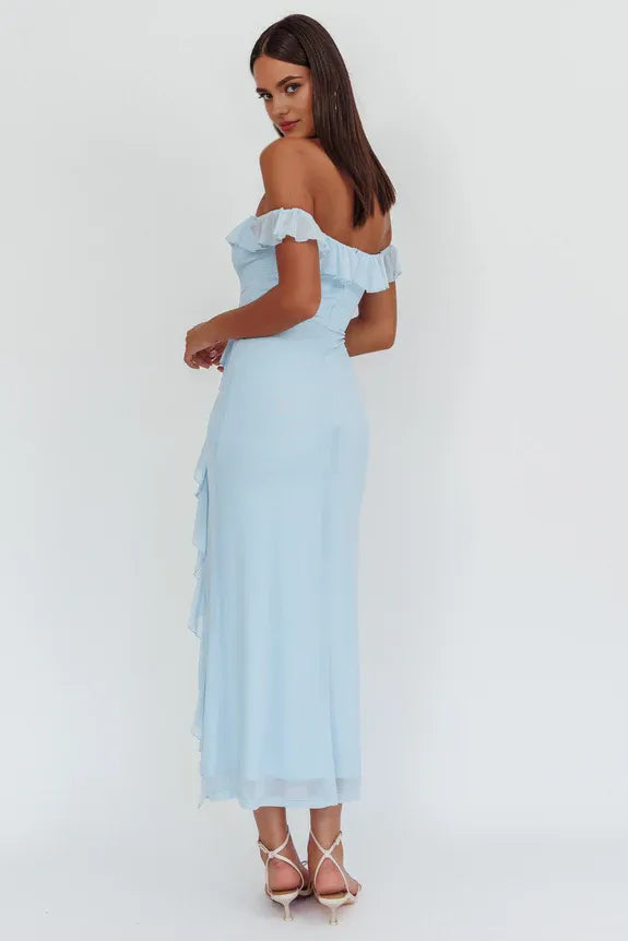 Elegant Off-Shoulder Ruffle Trim Blue Maxi Homecoming Dress Prom Dress