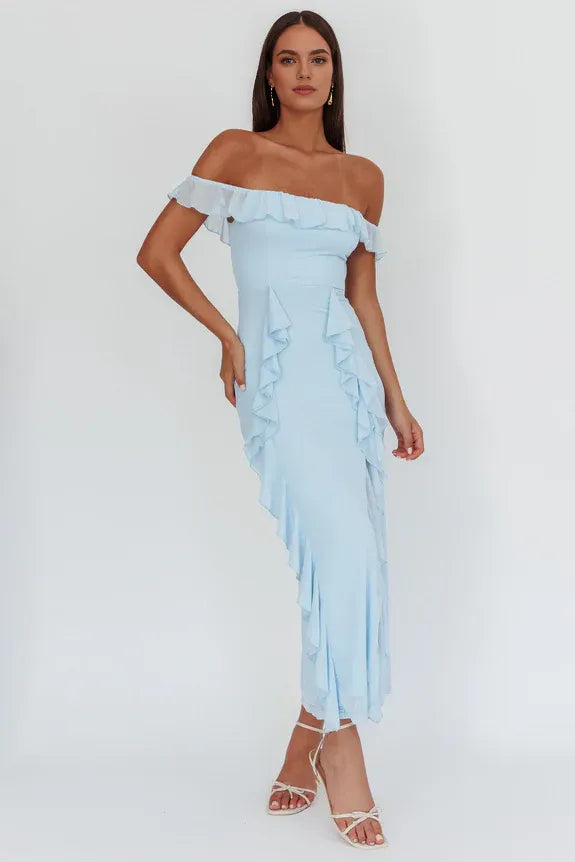 Elegant Off-Shoulder Ruffle Trim Blue Maxi Homecoming Dress Prom Dress
