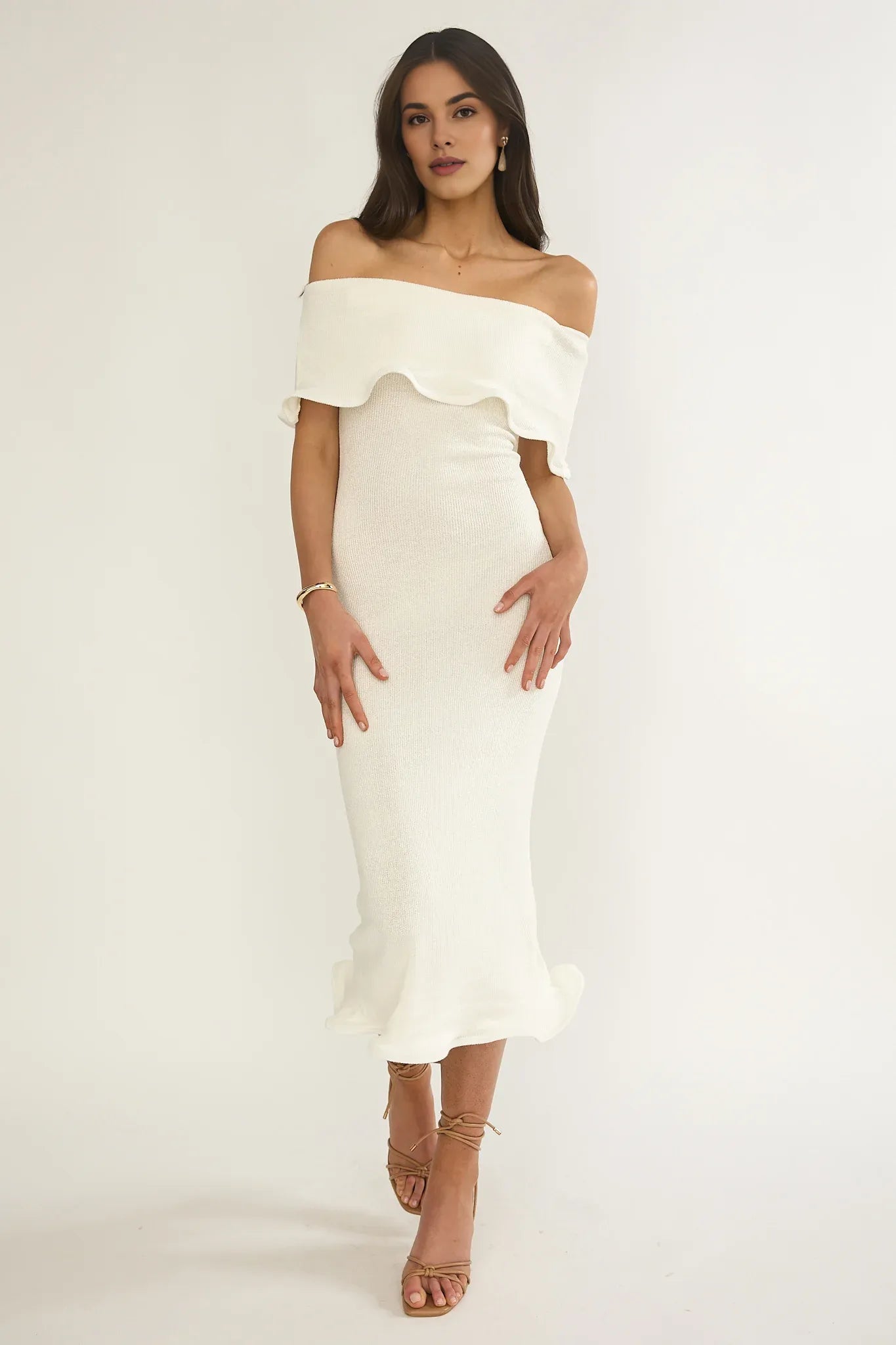 Elegant Off-Shoulder Short Sleeves Lettuce Edge Ivory Midi Evening Dress