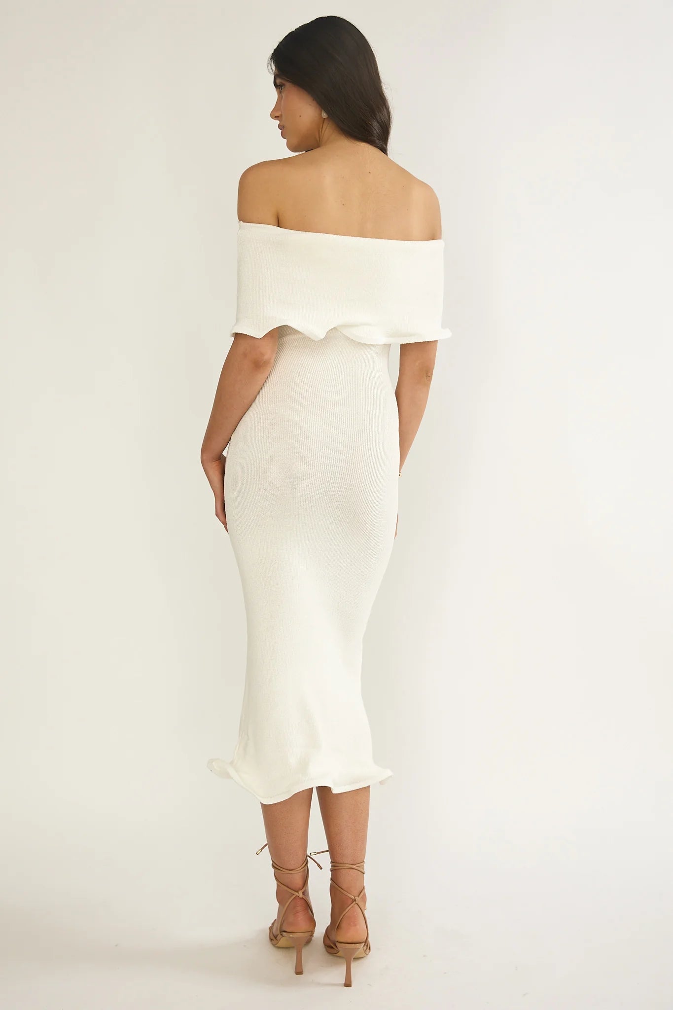 Elegant Off-Shoulder Short Sleeves Lettuce Edge Ivory Midi Evening Dress